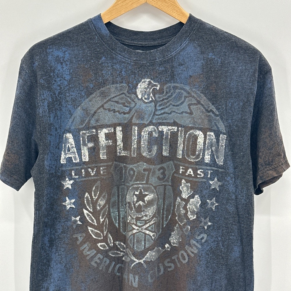 Affliction Shirt Mens Large Short Sleeve T Skull Biker Goth Y2K Emo‎ Patch MC L - Picture 2 of 9